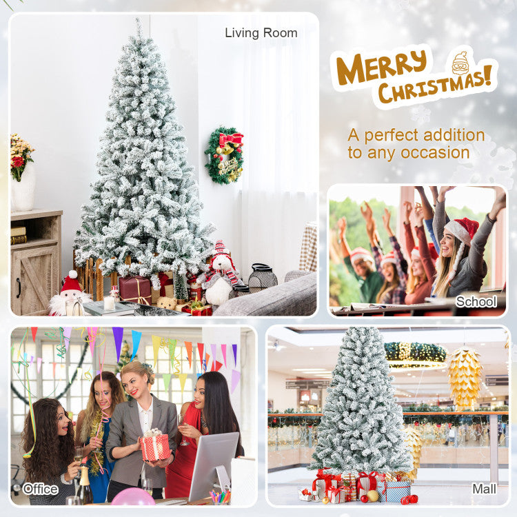 7.5 Feet Artificial Christmas Tree with 1010 Branch Tips and Snow Flocked Leaves