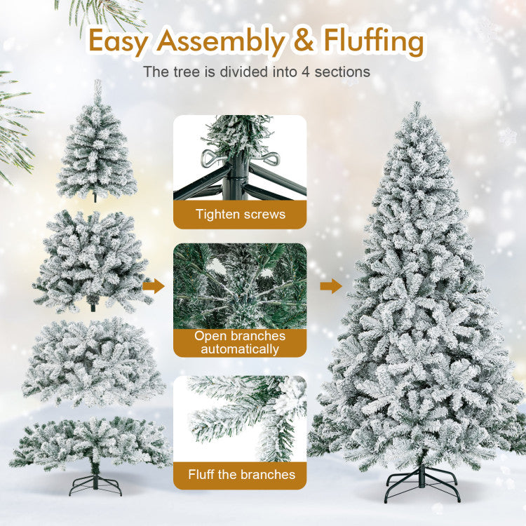 7.5 Feet Artificial Christmas Tree with 1010 Branch Tips and Snow Flocked Leaves