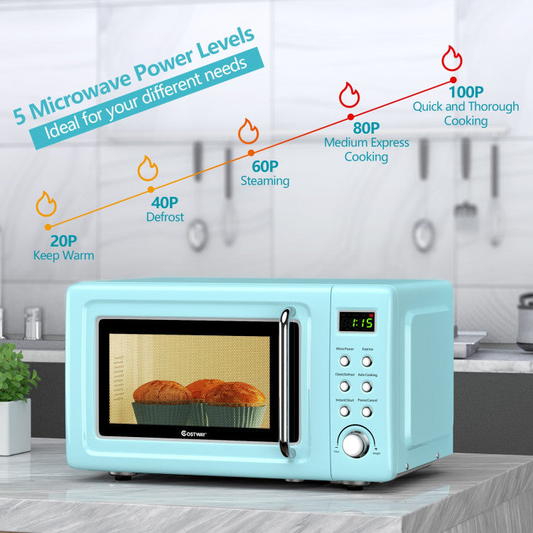 700W Compact Retro Countertop Microwave Oven with 8 Automatic Cooking Modes and Child Lock