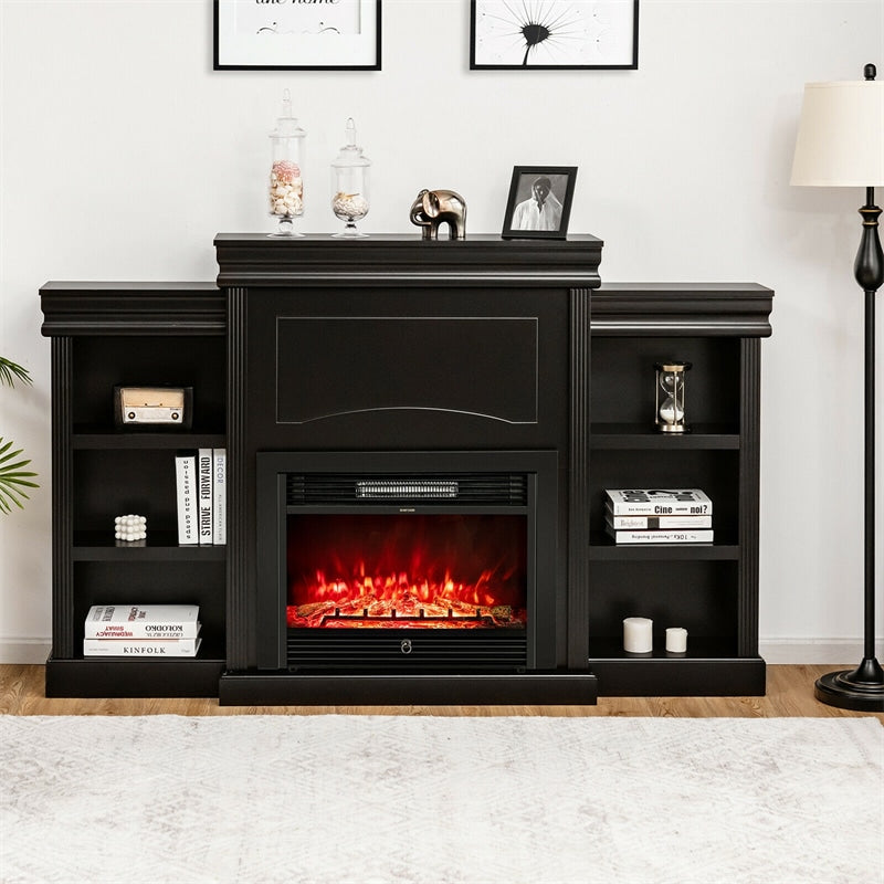 70 Inch Electric Fireplace Mantel TV Stand Media Entertainment Center with Side Book Shelves