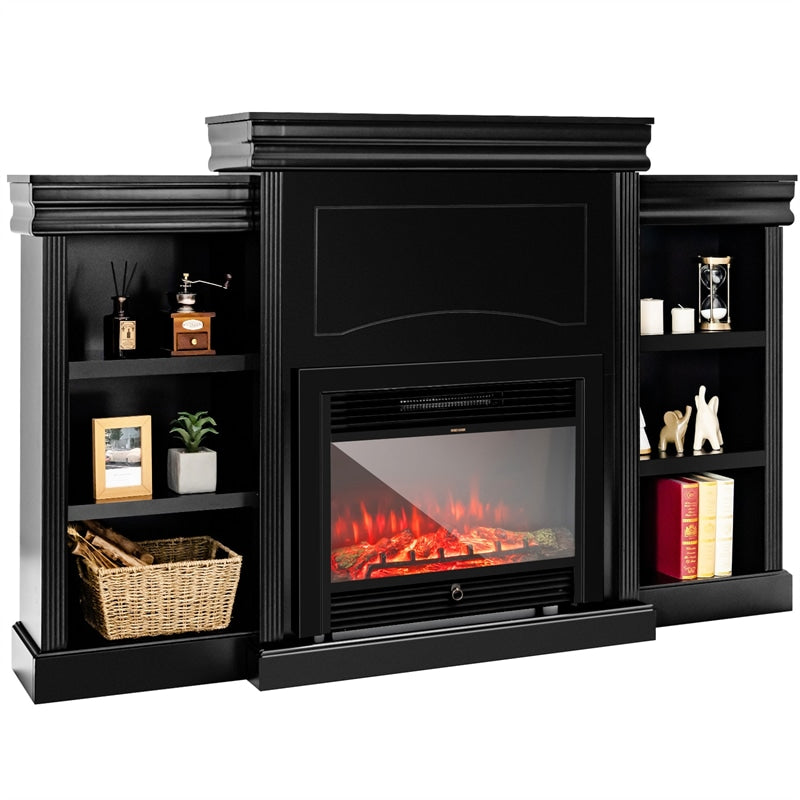 70 Inch Electric Fireplace Mantel TV Stand Media Entertainment Center with Side Book Shelves