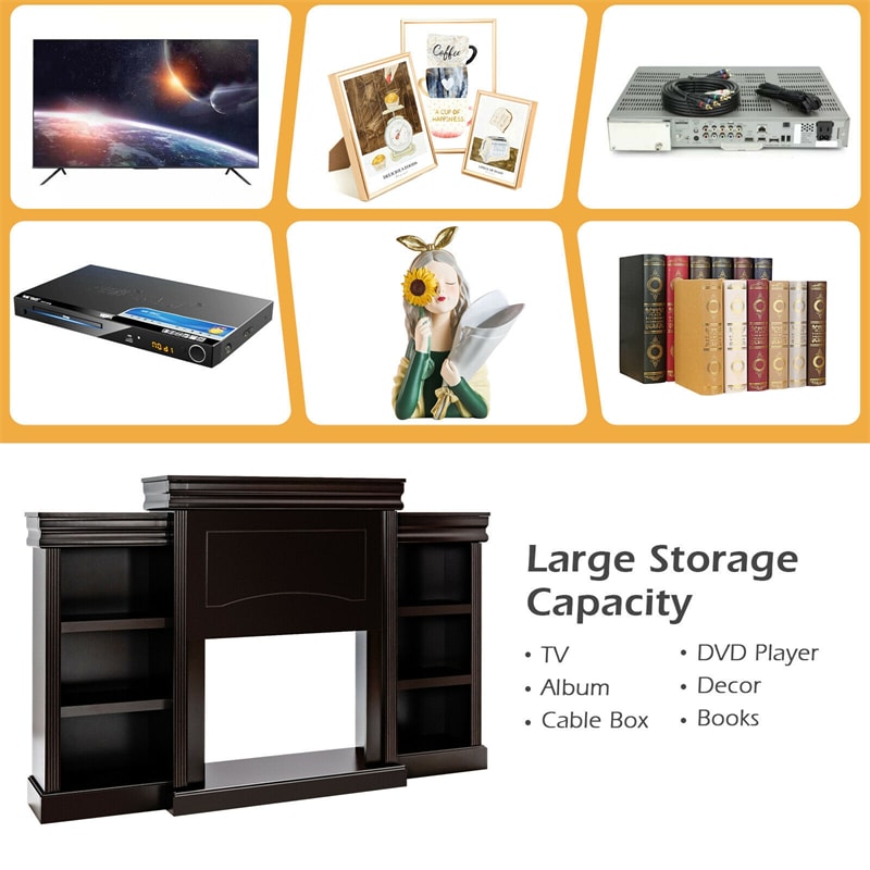 70 Inch Electric Fireplace Mantel TV Stand Media Entertainment Center with Side Book Shelves