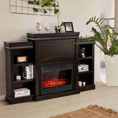 70 Inch Electric Fireplace Mantel TV Stand Media Entertainment Center with Side Book Shelves