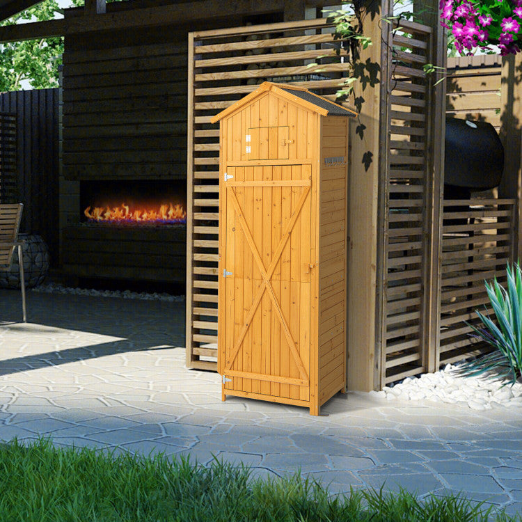 71 Inch Garden Wooden Storage Cabinet Outdoor Weatherproof Tool Storage Shed with Lockable Doors and Foldable Table