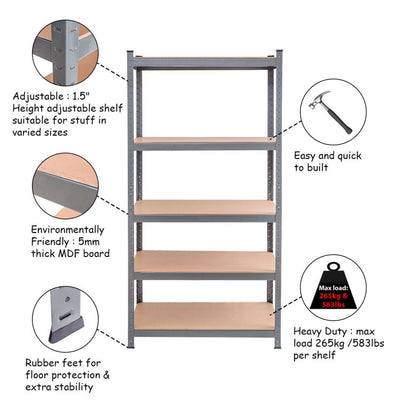 72" Heavy Duty Steel Storage Shelves Garage Muscle Rack with 5 Tier Adjustable Metal Shelving Unit for Basement