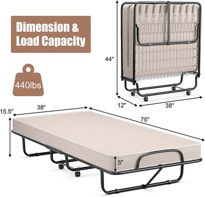 75''x38'' Rollaway Folding Bed Twin Size Portable Guest Bed with Memory Foam Mattress