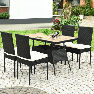 5 Pieces Patio Rattan Dining Set Table with Wooden Top