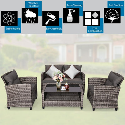 4 Pieces Patio Rattan Furniture Set Coffee Table Cushioned Sofa Set