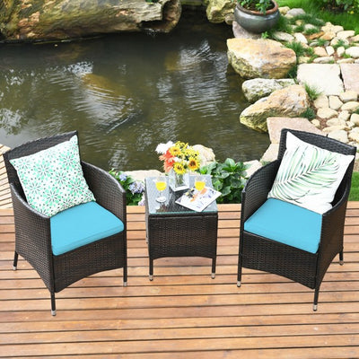 3 Pieces Patio Wicker Rattan Furniture Conversation Set with Coffee Table and Cushion