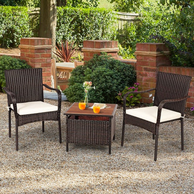 3 PCS Patio Rattan Furniture Bistro Set with Wood Side Table and Stackable Chair