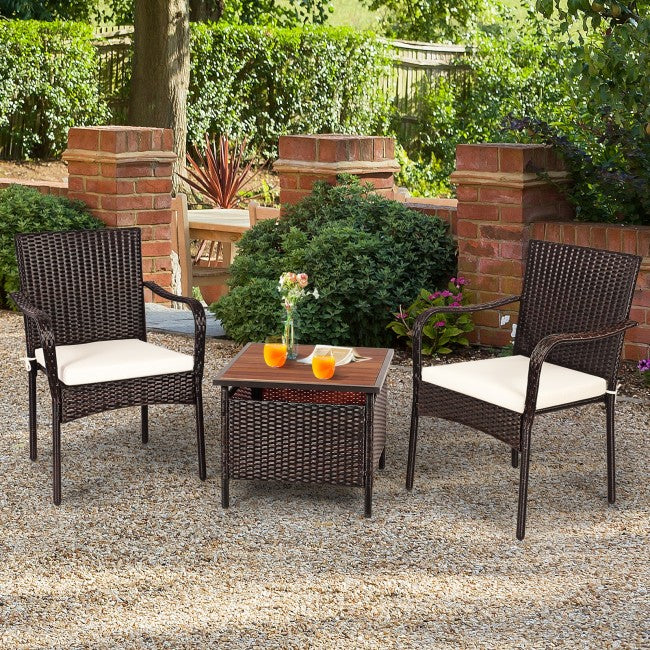 3 PCS Patio Rattan Furniture Bistro Set with Wood Side Table and Stackable Chair