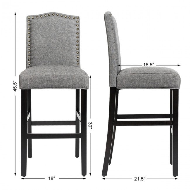 Set of 2 Bar Stools 30 Inch Upholstered Kitchen Nailhead Bar Chairs