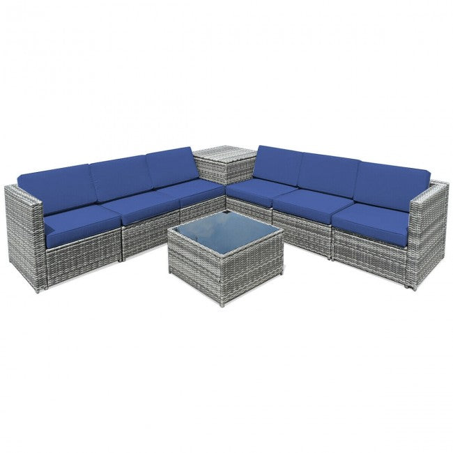 8 Pcs Wicker Sofa Rattan Dinning Set with Storage Table