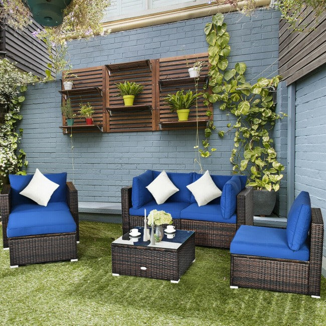 6 Pieces Patio Rattan Furniture Set with Sectional Cushion