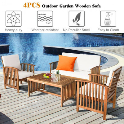 4 Pcs Patio Solid Wood Furniture Set with Water Resistant Cushions