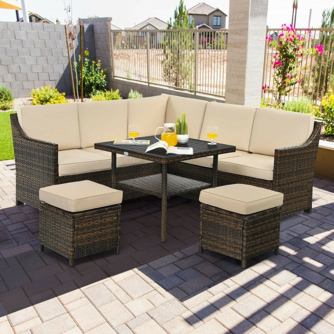 6 Pieces Outdoor Patio Rattan Furniture Set Conversation Sofa Set with Padded Cushion and Table