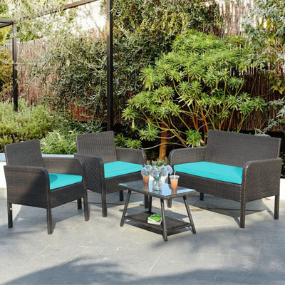 4Pcs Patio Rattan Wicker Furniture Set Conversation Sofa Bench Cushion