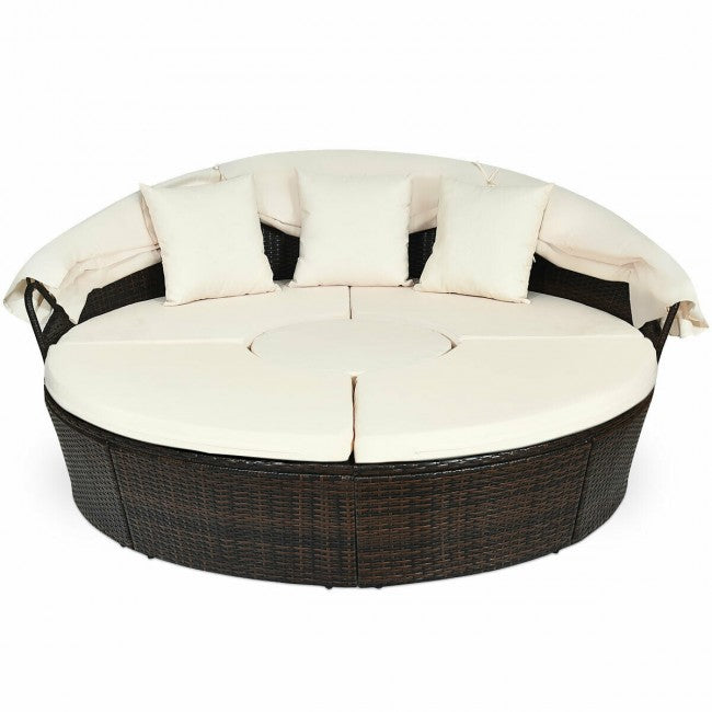 Outdoor Wicker Furniture Sets Patio Round Rattan Daybed With Retractable Canopy