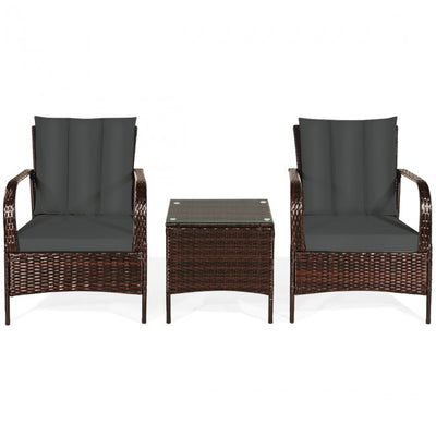 3 Pieces Patio Conversation Rattan Furniture Set with Glass Top Coffee Table and Cushions