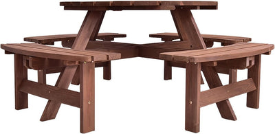 8-Person Picnic Wooden Round Table Bench Set with Umbrella Hole