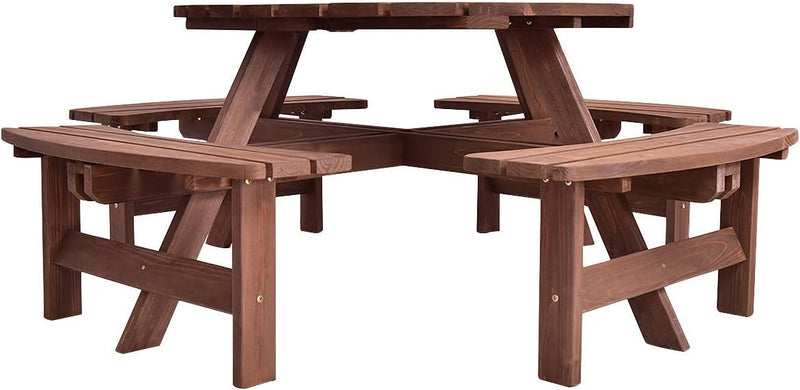 8-Person Picnic Wooden Round Table Bench Set with Umbrella Hole