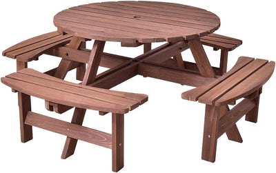 8-Person Picnic Wooden Round Table Bench Set with Umbrella Hole