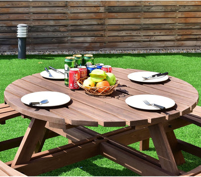 8-Person Picnic Wooden Round Table Bench Set with Umbrella Hole