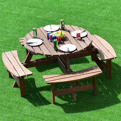 8-Person Picnic Wooden Round Table Bench Set with Umbrella Hole