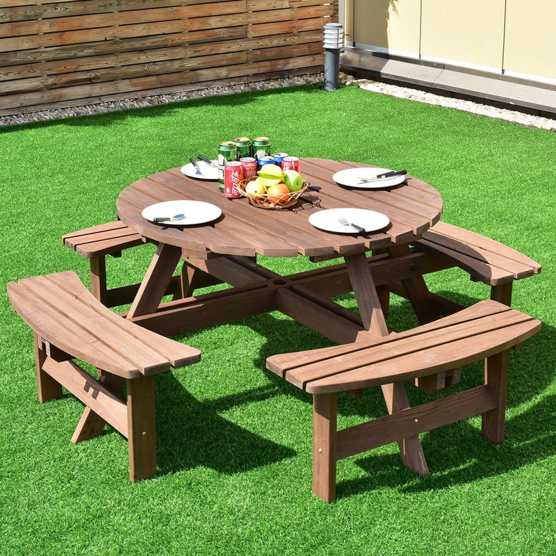 8-Person Picnic Wooden Round Table Bench Set with Umbrella Hole