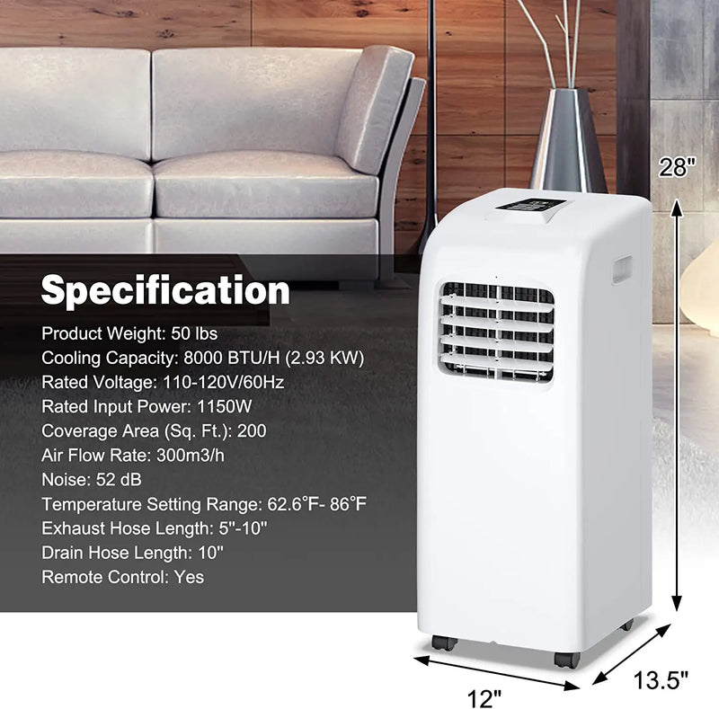 8000 BTU Portable Air Conditioner Cooler with Dehumidifier Function and Remote Control