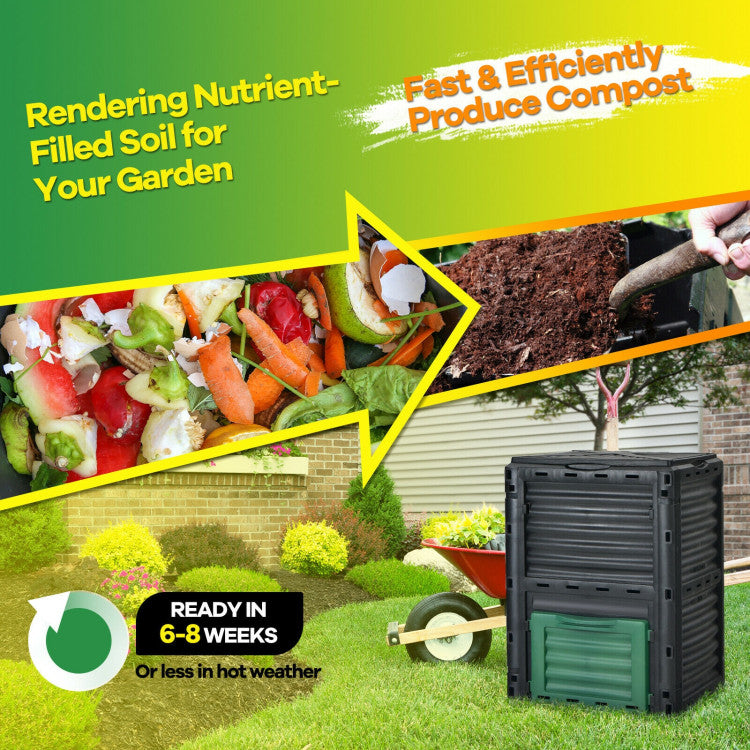 80 Gallons Garden Compost Bin Outdoor Composting Box Grass Food Trash Composter Barrel with Bottom Exit Door and Top Flip Latch-on Lid
