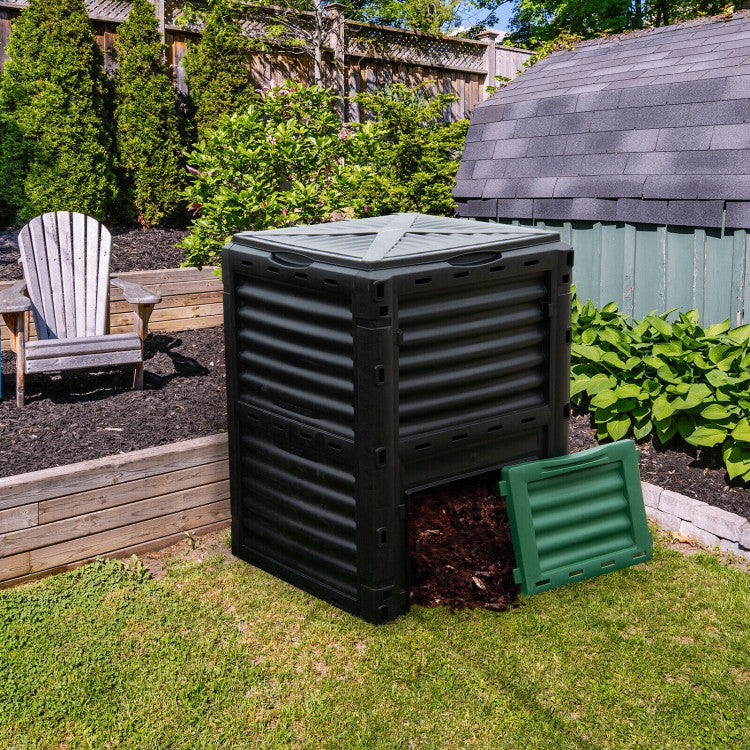 80 Gallons Garden Compost Bin Outdoor Composting Box Grass Food Trash Composter Barrel with Bottom Exit Door and Top Flip Latch-on Lid