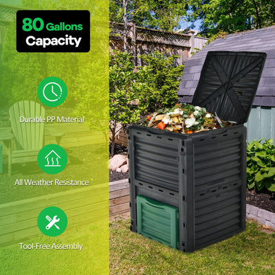 80 Gallons Garden Compost Bin Outdoor Composting Box Grass Food Trash Composter Barrel with Bottom Exit Door and Top Flip Latch-on Lid