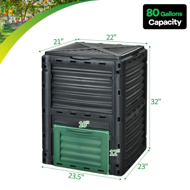 80 Gallons Garden Compost Bin Outdoor Composting Box Grass Food Trash Composter Barrel with Bottom Exit Door and Top Flip Latch-on Lid