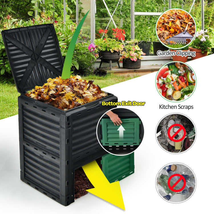 80 Gallons Garden Compost Bin Outdoor Composting Box Grass Food Trash Composter Barrel with Bottom Exit Door and Top Flip Latch-on Lid