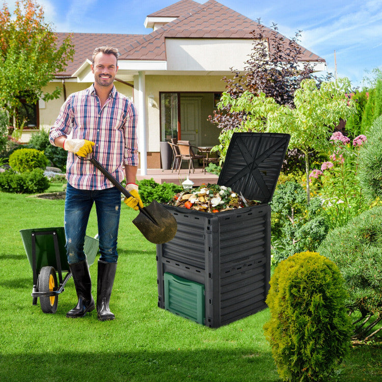 80 Gallons Garden Compost Bin Outdoor Composting Box Grass Food Trash Composter Barrel with Bottom Exit Door and Top Flip Latch-on Lid