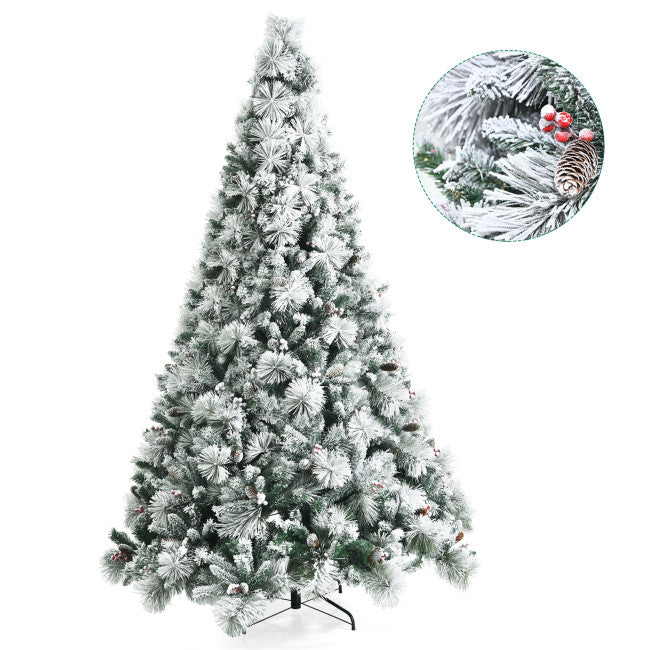 8FT Premium Snow Flocked Artificial Holiday Christmas Pine Tree with Glitter Tips and Metal Base