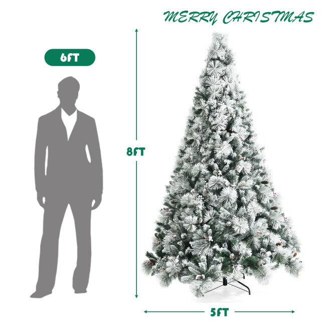 8FT Premium Snow Flocked Artificial Holiday Christmas Pine Tree with Glitter Tips and Metal Base