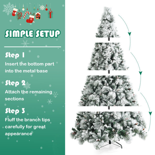8FT Premium Snow Flocked Artificial Holiday Christmas Pine Tree with Glitter Tips and Metal Base