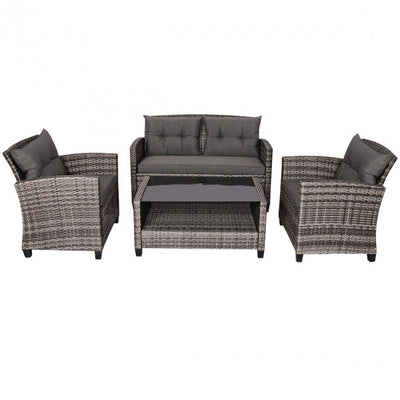 4 Pieces Patio Rattan Furniture Set Coffee Table Cushioned Sofa Set