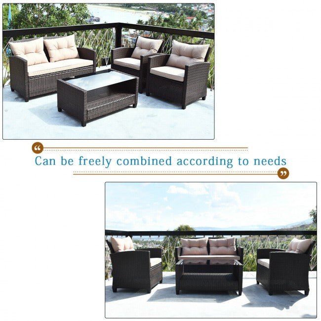 4 Pieces Patio Rattan Furniture Set Outdoor Conversation Sofa Set with Lower Shelf and Coffee Table