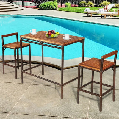 3 Pieces Outdoor Rattan Bar Height Bistro Set Patio Wicker Dining Furniture Set with Table and 2 Bar Chairs