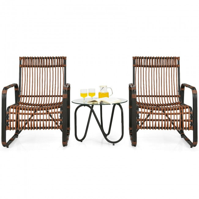 3 Pieces Outdoor Rattan Furniture Set Patio Conversation Set with Tempered Glass Table