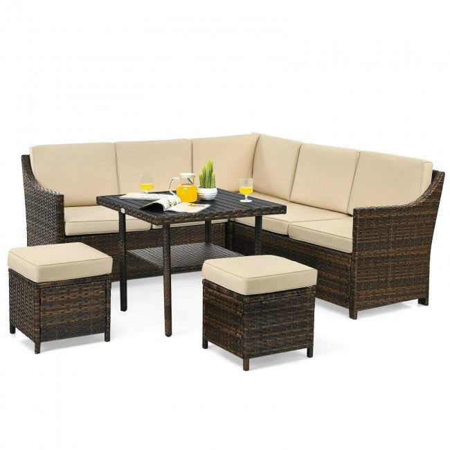 6 Pieces Outdoor Patio Rattan Furniture Set Conversation Sofa Set with Padded Cushion and Table