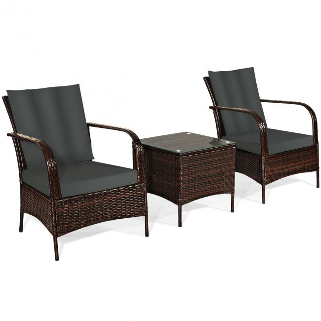 3 Pieces Patio Conversation Rattan Furniture Set with Glass Top Coffee Table and Cushions