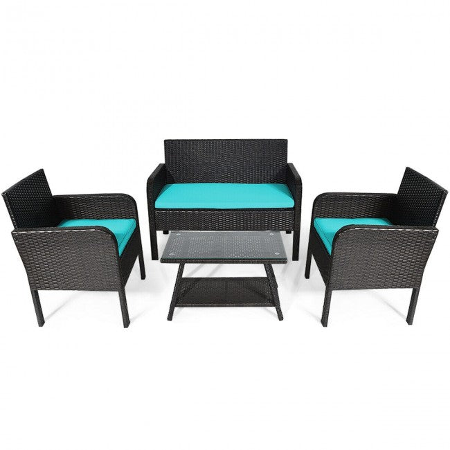 4Pcs Patio Rattan Wicker Furniture Set Conversation Sofa Bench Cushion