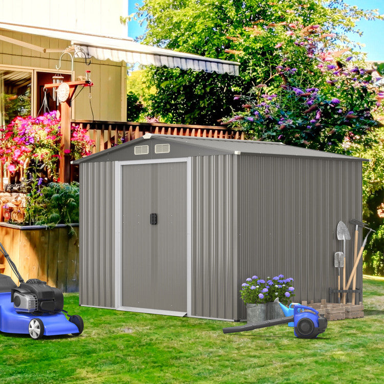 8 x 6 Feet Outdoor Metal Storage Shed Garden Tool House Building Organizer with 4 Air Vents and Double Sliding Doors