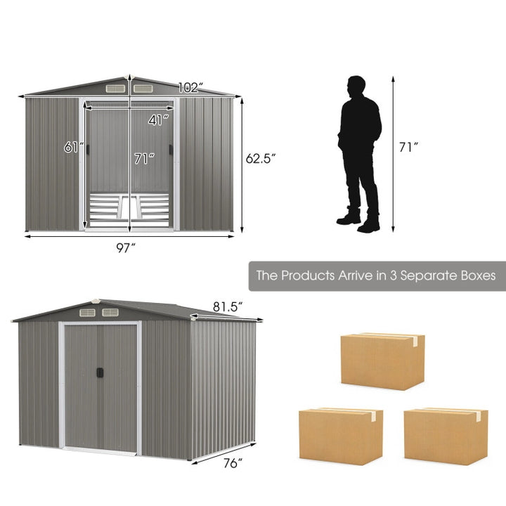 8 x 6 Feet Outdoor Metal Storage Shed Garden Tool House Building Organizer with 4 Air Vents and Double Sliding Doors