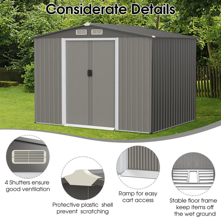 8 x 6 Feet Outdoor Metal Storage Shed Garden Tool House Building Organizer with 4 Air Vents and Double Sliding Doors