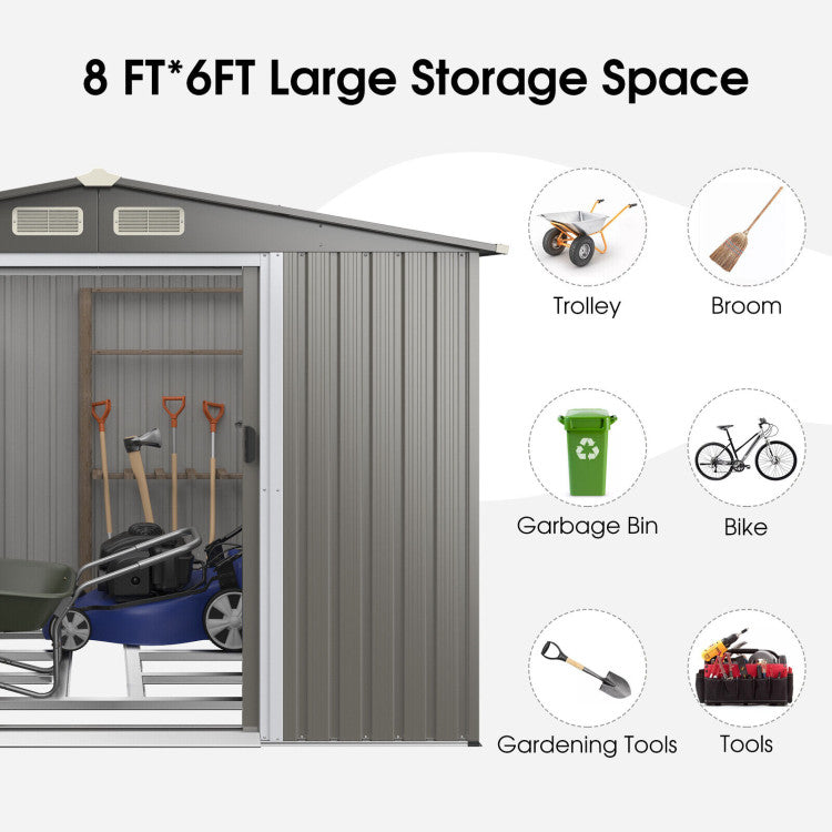 8 x 6 Feet Outdoor Metal Storage Shed Garden Tool House Building Organizer with 4 Air Vents and Double Sliding Doors